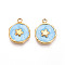 304 Stainless Steel Pendants, with Enamel, Flat Round with Flower Charms, Ion Plating(IP), Real 18K Gold Plated, Light Sky Blue, 16x13x2.5mm, Hole: 1.6~1.8mm