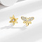 Bees & Flower Brass Micro Pave Clear Cubic Zirconia Stud Earrings, Left and Right, Golden, 10x14.5mm