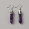 Natural Amethyst Bullet Dangle Earrings, Platinum Plated Zinc Alloy Jewelry for Women, 53mm, Pin: 0.5mm