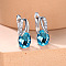 Brass Cubic Zirconia Stud Earrings, Oval, Platinum, Deep Sky Blue, 16x13mm