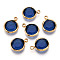K9 Glass Charms, Flat Round, with Brass Findings, Faceted, Real 18K Gold Plated, Dark Blue, 13.5~14x10.5~11x3.5~4mm, Hole: 1.8mm