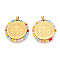 304 Stainless Steel Pendants, Flat Round with Saint Benedict, with Glass Beads, Ion Plating(IP), Real 18K Gold Plated, Faceted, Colorful, 34.5x34.5x3.5mm, Hole: 5x3.5mm