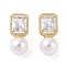 Rack Plating Brass Micro Pave Clear Cubic Zirconia Stud Earrings for Women, with ABS Plastic Pearl, Cadmium Free & Lead Free, Long-Lasting Plated, Rectangle, Real 18K Gold Plated, 27x12mm