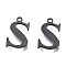 304 Stainless Steel Charms, Laser Cut, Alphabet, Electrophoresis Black, Letter.S, 12.5x8x0.8mm, Hole: 1mm