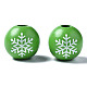 塗られた天然木のヨーロッパのビーズ  大穴ビーズ  印刷  クリスマス  スノーフレークとラウンド  グリーン  16x15mm  穴：4mm WOOD-S057-040-2