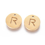 304 Stainless Steel Charms, Ion Plating (IP), Flat Round, Letter.R, 10x1.5mm, Hole: 1mm