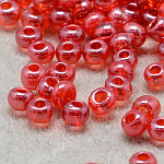 12/0 Grade A Round Glass Seed Beads, Transparent Colours Lustered, Tomato, 12/0, 2x1.5mm, Hole: 0.3mm