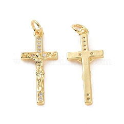 Estante de placas micro latón allanan colgantes de circonio cúbico, con anillo de salto, Plateado de larga duración, sin plomo y cadmio, religión crucifijo cruz encanto, real 18k chapado en oro, 24x11x3mm, agujero: 3 mm