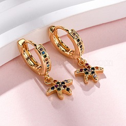 Серьги-кольца из латуни с микропаве из кубических цирконий в форме морских звезд EJEW-F384-14G-02