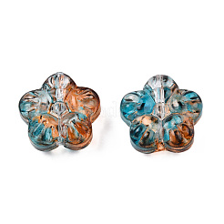 透明なスプレー塗装ガラスビーズ  ツートン  花  ダークシアン  12.5x13x6mm  穴：1mm&nbsp;GLAA-N035-029-G01
