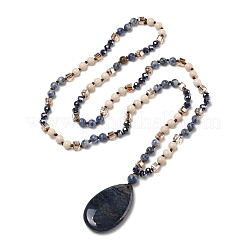 Colliers longs en perles de verre avec pendentif en forme de larme en sodalite naturelle&nbsp;GG-CBAE048-01B