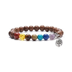 Bracelet extensible en perles rondes en bois naturel et pierres précieuses avec breloque arbre en alliage&nbsp;BJEW-JB08100