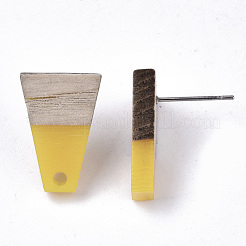 レジン＆シダーウッドスタッドピアスのパーツ  304ステンレスピン付き  台形  ゴールド  18x12.5mm  穴：1.8mm  ピン：0.7mm&nbsp;MAK-N032-001A-C03