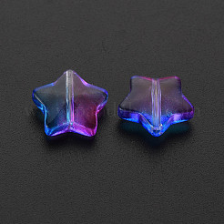 ツートン透明スプレー塗装ガラスビーズ  スター  ブルー  12.5x13x5mm  穴：1mm&nbsp;GLAA-T022-25-C04