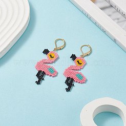 グラスシード ブレイド フラミンゴ ダングル レバーバック イヤリング  女性用ゴールド 304 ステンレススチール ロングドロップイヤリング  ショッキングピンク  58mm  ピン：0.8mm&nbsp;EJEW-MZ00041