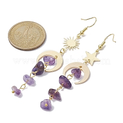 ムーン＆サン＆スター ブラス アシンメトリー イヤリング  天然アメジストチップタッセルピアス  76~85x18mm&nbsp;EJEW-JE05461-01