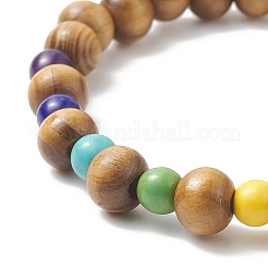 Braccialetto elasticizzato da donna con croce sintetica di turchese (tinto) e perline di legno naturale&nbsp;BJEW-JB09150