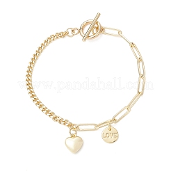 Браслеты из латуни с плоскими круглыми подвесками в виде слов «любовь» и сердечек.&nbsp;BJEW-JB13482