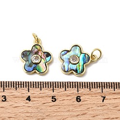真鍮製マイクロパヴェキュービックジルコニアペンダント  花  パウア貝とエポキシ樹脂を使用  ラックめっき  長持ちメッキ  鉛フリー＆カドミウムフリー  丸カン付き  18KGP本金メッキ  15.5x13.5x2.5mm  穴：3mm&nbsp;KK-K384-11G