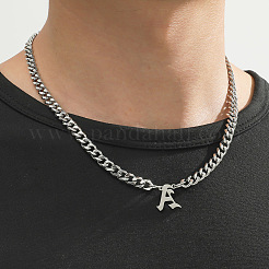 304ステンレススチール製イニシャルペンダントキューバンリンクチェーンネックレス  ステンレス鋼色  変色しない  文字a  19.69インチ（50cm）&nbsp;FS-WGB15F2-01
