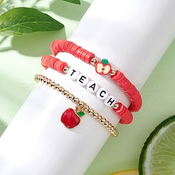 3 шт. 3 стиля браслет из полимерной глины с бусинами и браслет с подвесками в виде яблока из сплава и эмали для женщин&nbsp;BJEW-TA00607