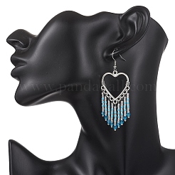 Серьги-люстры в форме полого сердца из сплава и стеклянных бисеринок с кисточками&nbsp;EJEW-MZ00685-01