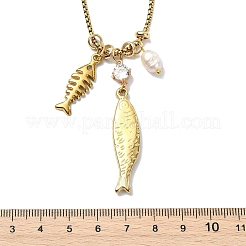 Collares con colgante de pez de acero inoxidable 304 con perla natural de arroz y cadena tipo caja para mujer&nbsp;NJEW-JN06124