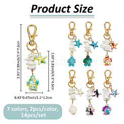 14 шт. 7-цветная подвеска в виде морской звезды и морской черепахи из синтетической бирюзы и натурального белого перламутра с ракушками HJEW-FH00137