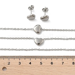 変色しない304ステンレススチールジュエリーセット  ペンダントネックレス＆スタッドピアス＆ブレスレット  ハート  ステンレス鋼色  16.93インチ（43cm）  6-3/4インチ（17cm）  7x9x2.5mm  ピン：0.8mm&nbsp;X-SJEW-H144-23P