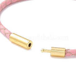 女性のための編みこみの革コードブレスレット  ゴールドカラー  ピンク  7-5/8インチ（19.3cm）&nbsp;BJEW-C009-01B