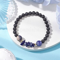 Braccialetti elastici con perline di sodalite naturale e pietra lavica naturale per le donne&nbsp;BJEW-JB11130-03