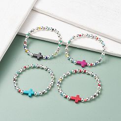 女性用ガラス付き合成ターコイズ（染色）クロスストレッチブレスレット  ミックスカラー  内径：2-1/4インチ（5.8cm）&nbsp;X-BJEW-JB07663