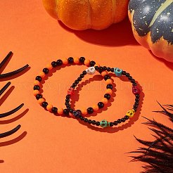 ハロウィンテーマのスカル合成ターコイズ(染色)ストレッチブレスレットセット  女性用アクリルビーズブレスレット  オレンジ  内径：2-1/8~2-1/4インチ（5.35~5.7cm）  2個/セット&nbsp;BJEW-JB09199