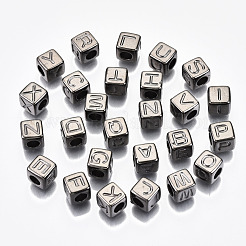 CCBプラスチックビーズ  水平穴  文字付きのキューブ  ガンメタ色  7x7x7mm  穴：3.5mm  約2000個/500g&nbsp;CCB-N004-001A-B