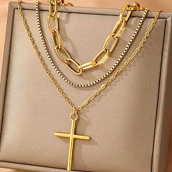 304 нержавеющая сталь крест кулон 3 слой ожерелья для женщин NJEW-F343-02G