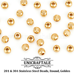 30個3スタイル201＆304ステンレススチールビーズ  ラウンド  ゴールドカラー  8x7mm  穴：2.5~3mm  10個/スタイル&nbsp;STAS-UN0051-16