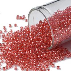 Toho perles de rocaille rondes, Perles de rocaille japonais, (341) cristal de couleur intérieure / doublé de tomate, 11/0, 2.2mm, Trou: 0.8mm, à propos 1110pcs / bouteille, 10 g / bouteille