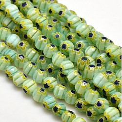 Faceted Millefiori Glass Round Beads Strands, Lime Green, 6mm, Hole: 1mm, about 64pcs/strand, 14.1 inch