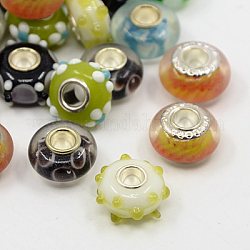 Handmade Gold Foil European Glass Beads, with Brass Single Core, Rondelle, Large Hole Beads, Silver, Mixed Color, 13~14x6~8mm, Hole: 5mm
