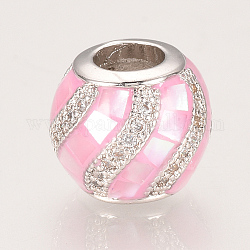 Perles européennes en laiton avec zircone cubique de micro pave, avec coquille, Perles avec un grand trou   , rondelle, perle rose, 10.5x9mm, Trou: 4.5mm