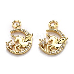 Brass Micro Pave Cubic Zirconia Pendants, Long-Lasting Plated, with Jump Rings, Horse, Golden, 16x13x2.5mm, Hole: 3mm