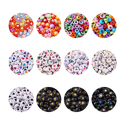 1200pcs 12 perles acryliques opaques de style, plat et circulaire avec motif mixte, couleur mixte, 100 pièces / style