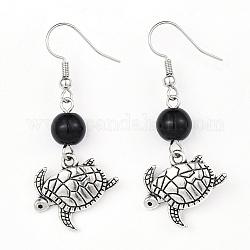 Alloy Dangle Earrings, with Glass Beads and Brass Earring Hooks, Sea Turtle, Black, 48.5mm, Pin: 0.6mm