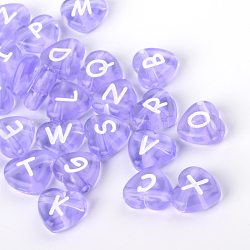 Perles de lettre à trou horizontal coeur acrylique transparent, support violet, 10.5x11.5x4.5mm, Trou: 2mm