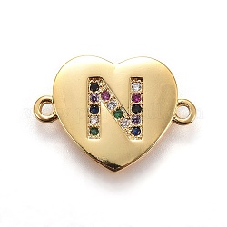 Ottone micro spianare link zirconi, cuore con la lettera, colorato, oro, letter.n, 14~14.5x19.5~20x1.5mm, Foro: 1.5 mm