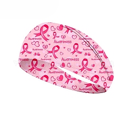 {10}月乳がんピンク啓発リボンプリントポリエステルヘッドバンド  女の子女性のための幅広の弾性ラップヘアアクセサリー  ピンク  100x230mm
