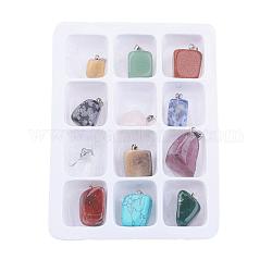 Pendentifs en pierres gemmes, avec fermoirs en laiton, pierre mixte, couleur mixte, 20~26x11~22x10~22mm, Trou: 6x2mm, 12 pcs / boîte
