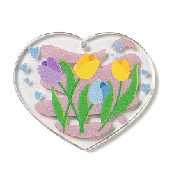 Acrylanhänger mit bedrucktem Herzmotiv zum Valentinstag, Blume, 32x37.5x2.5 mm, Bohrung: 1.6 mm