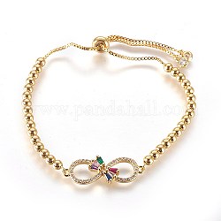 Bracelets réglables en laiton à zircon cubique, bracelets bolo, avec des chaînes et des perles rondes, bowknot, or, colorées, 10-1/4 pouce (26 cm)