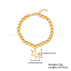 Stainless Steel Crystal Rhinestone Ball Beaded Bracelets with Shell Pendants, Golden, Unicorn, 5-1/2 inch(14cm), Pendant: 17.8x14.4mm
